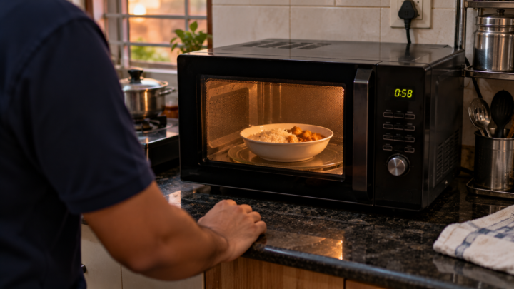 Microwave oven running with the interior light on and the turntable rotating