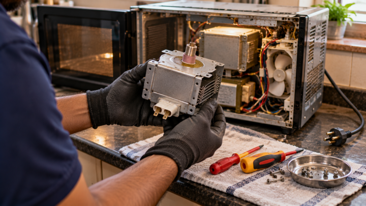 Technician holding a replacement magnetron removed from a microwave oven