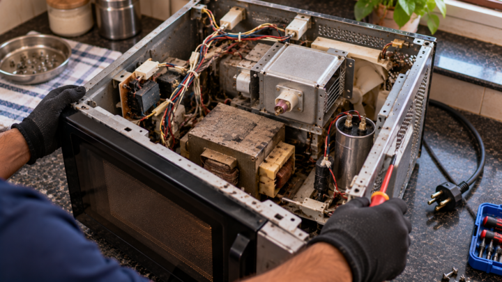 High voltage section of a microwave oven with the magnetron and transformer visible after the outer cabinet is removed
