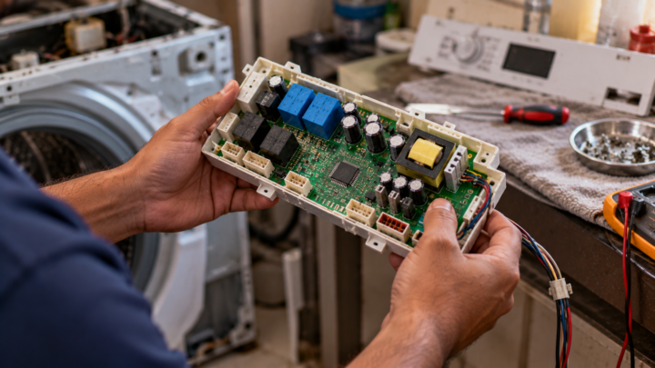 Appliance control board removed from a washing machine, showing relays and capacitors