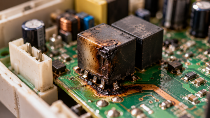 Close view of a burnt relay and discoloured track on an appliance circuit board