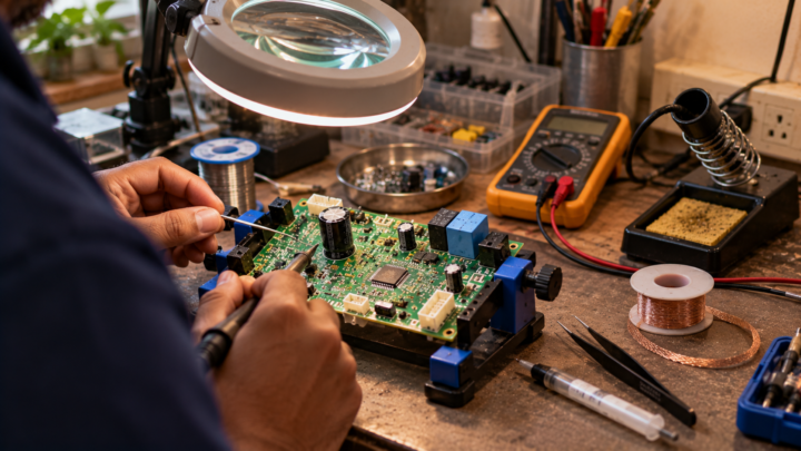 Appliance control board on a workbench with a replaced capacitor and fresh solder joints