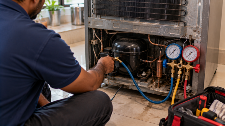 Technician checking refrigerant pressure on a refrigerator with gauges connected
