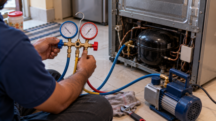 Vacuum pump connected to a refrigerator sealed system before recharging