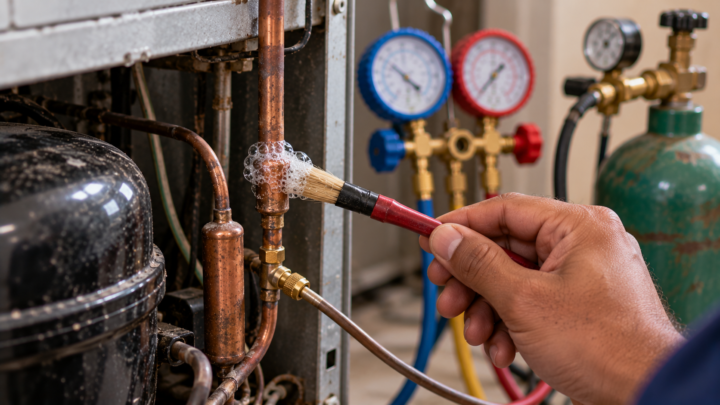 Gauge manifold connected to a refrigerator sealed system during a pressure test
