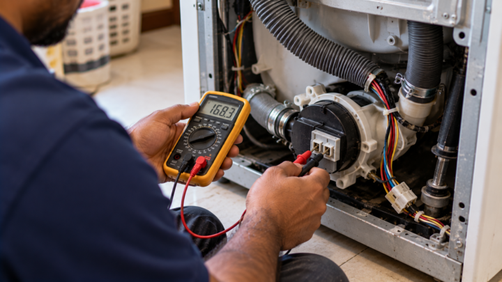 Technician testing a washing machine component with a multimeter during a service visit