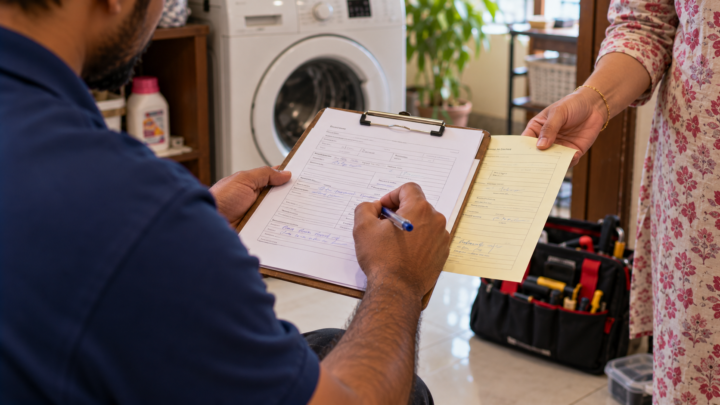 Job sheet being filled in at the end of an appliance repair visit