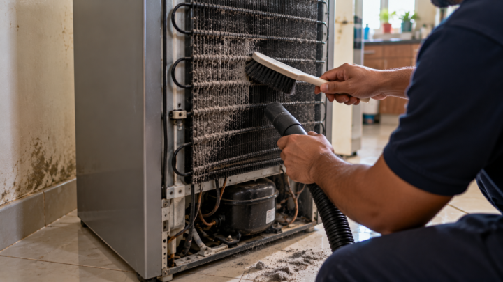 Dusty condenser coils at the back of a refrigerator being cleaned