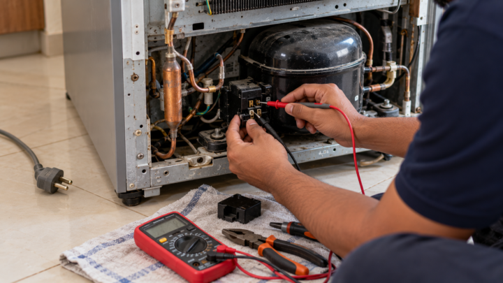 Back of a refrigerator with the compressor and start relay exposed during a diagnostic check
