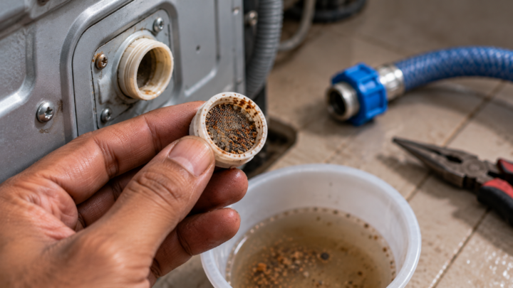 Mesh inlet filter removed from the back of a Samsung washing machine, showing sediment buildup