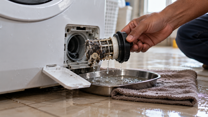 Drain pump filter opened at the base of a front load washing machine with lint and debris visible