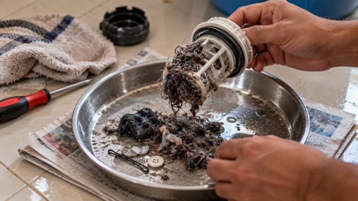 Drain pump filter removed from a front load washing machine with lint and debris caught in it