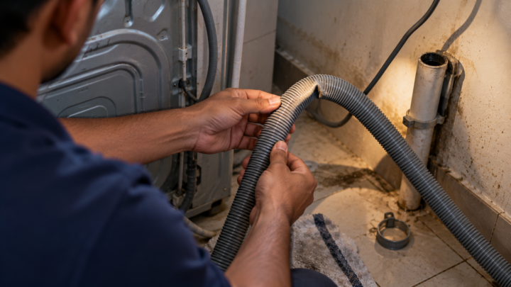 Corrugated drain hose of a washing machine pulled out and checked along its length for a blockage