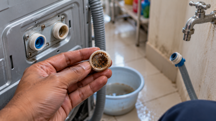 Inlet filter screen removed from the back of an LG washing machine with sediment visible