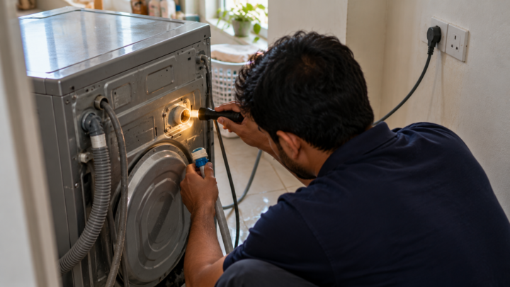 Technician checking the water inlet valve mesh at the back of an LG washing machine